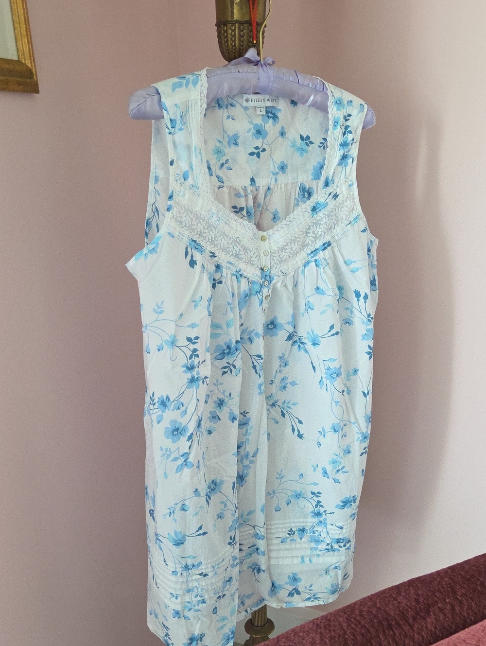 Eileen West 100% Cotton Lawn Nightgown Cap Sleeve White Aqua Floral L
